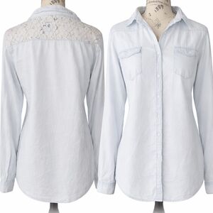 Women's Light Blue Lace-Yoke Button-Down Shirt